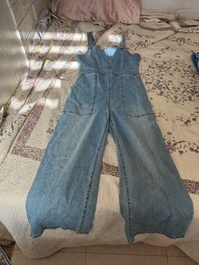 Billabong Light Blue Denim Wide-Leg Romper with Front Pockets
